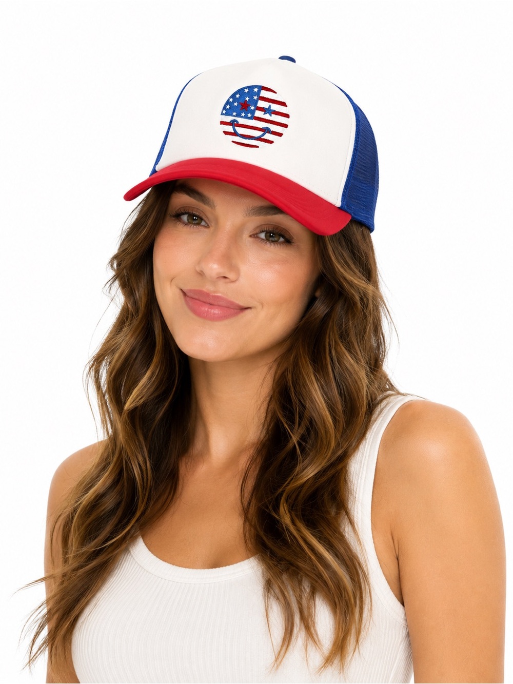 Red White and Blue Trucker Hat with Smiley Face